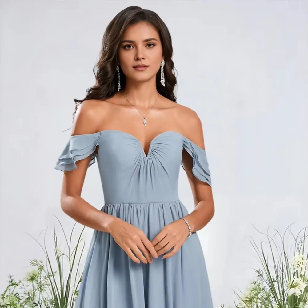 

WW Blue Women A-Line Off Shoulder Chiffon Bridesmaid Dresses Floor-Length Ruffle Wedding Party Guest Evening Cocktail Dress 2026
