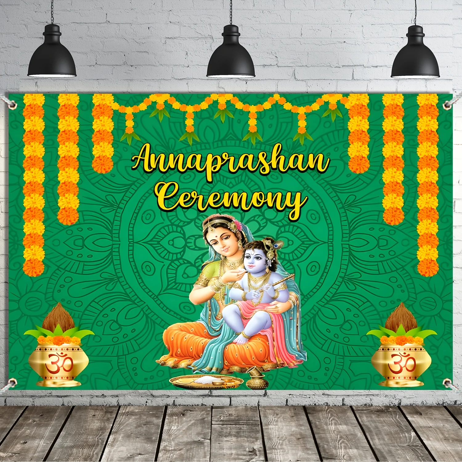 Indische Dekorationen, indische Annaprashan-Zeremonie-Hintergrund, erste Reiszeremonie, Party-Banner, Pooja-Dekoration, traditioneller Hintergrund