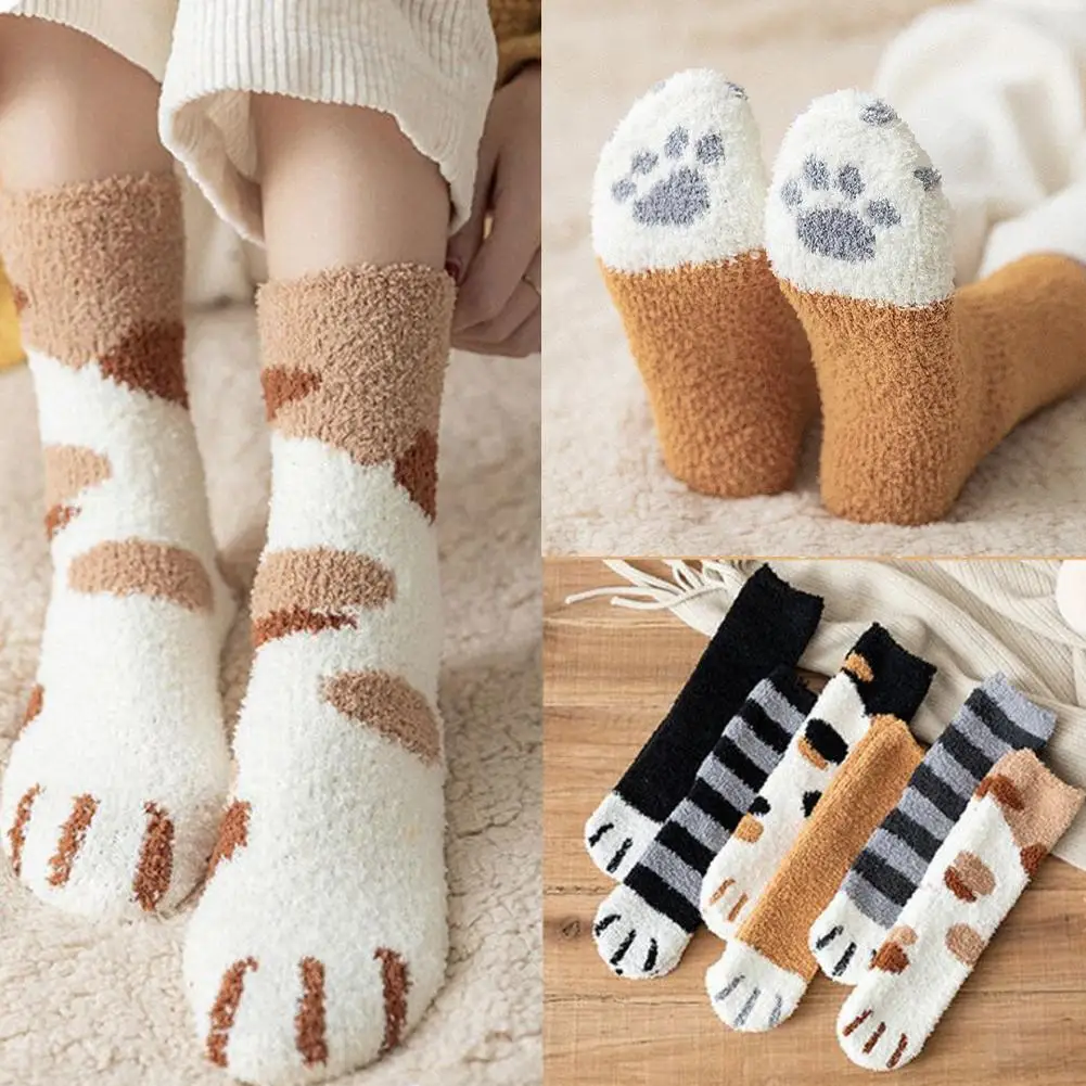 Kawaii Cartoon White Socks for Women Cute 3d Dog Cat Paw Pattern Female Fleece Warm Funny Socks Home Floor Sleeping image 2
