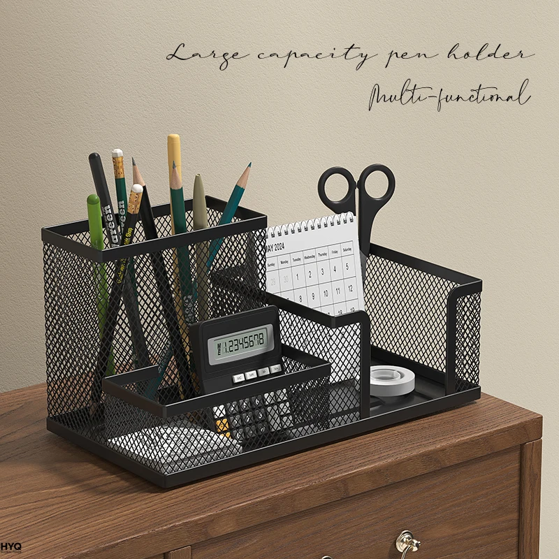 Black Mesh Office Caddy – Desk Organizer with Pencil Holder & Storage Baskets, 3 Compartments for Desktop Accessories