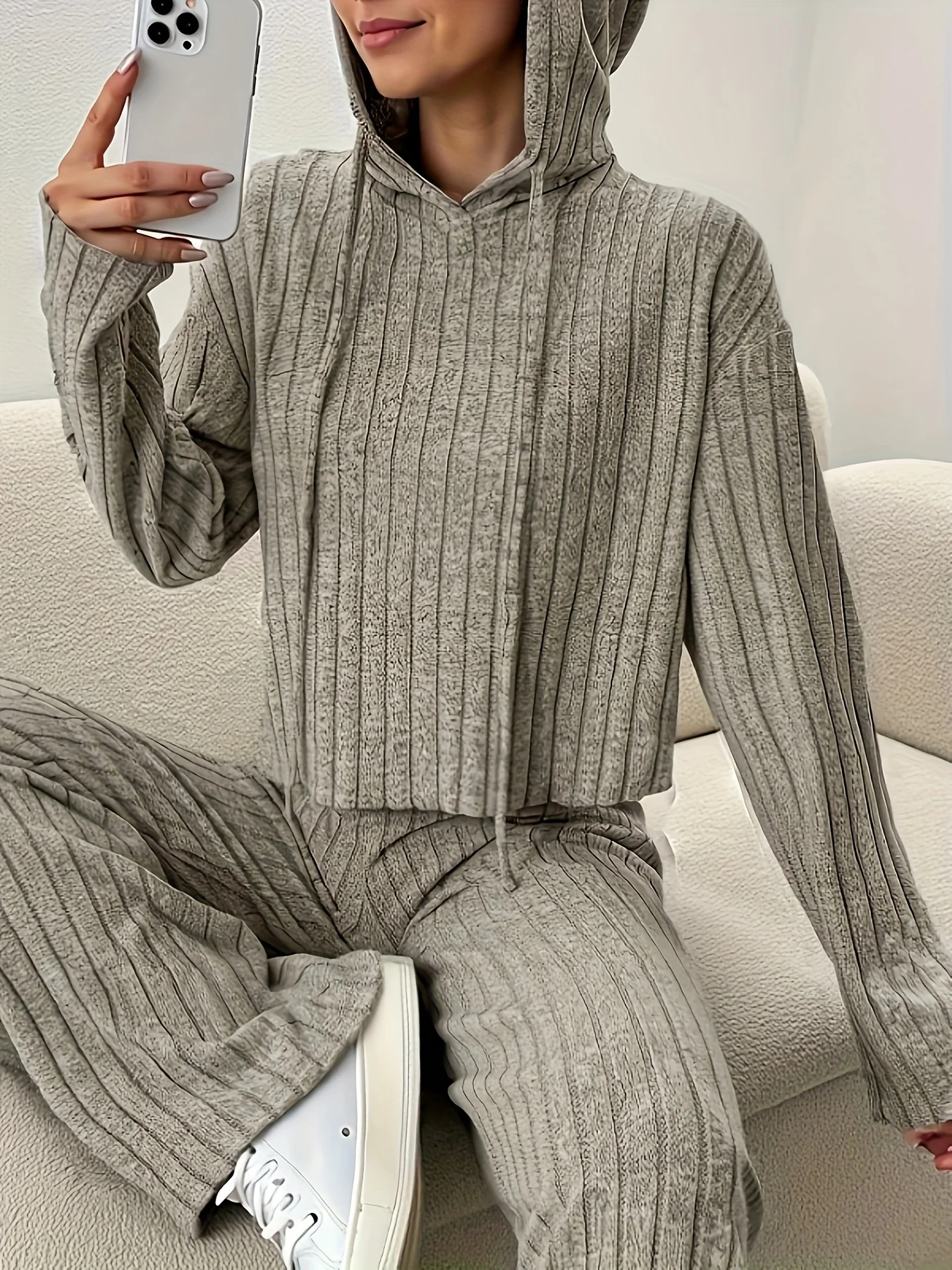 

Women's Solid Color Hooded Sweatshir Pants Set Fashionable Long-sleeved Loose Wide Leg Pants Home Clothes