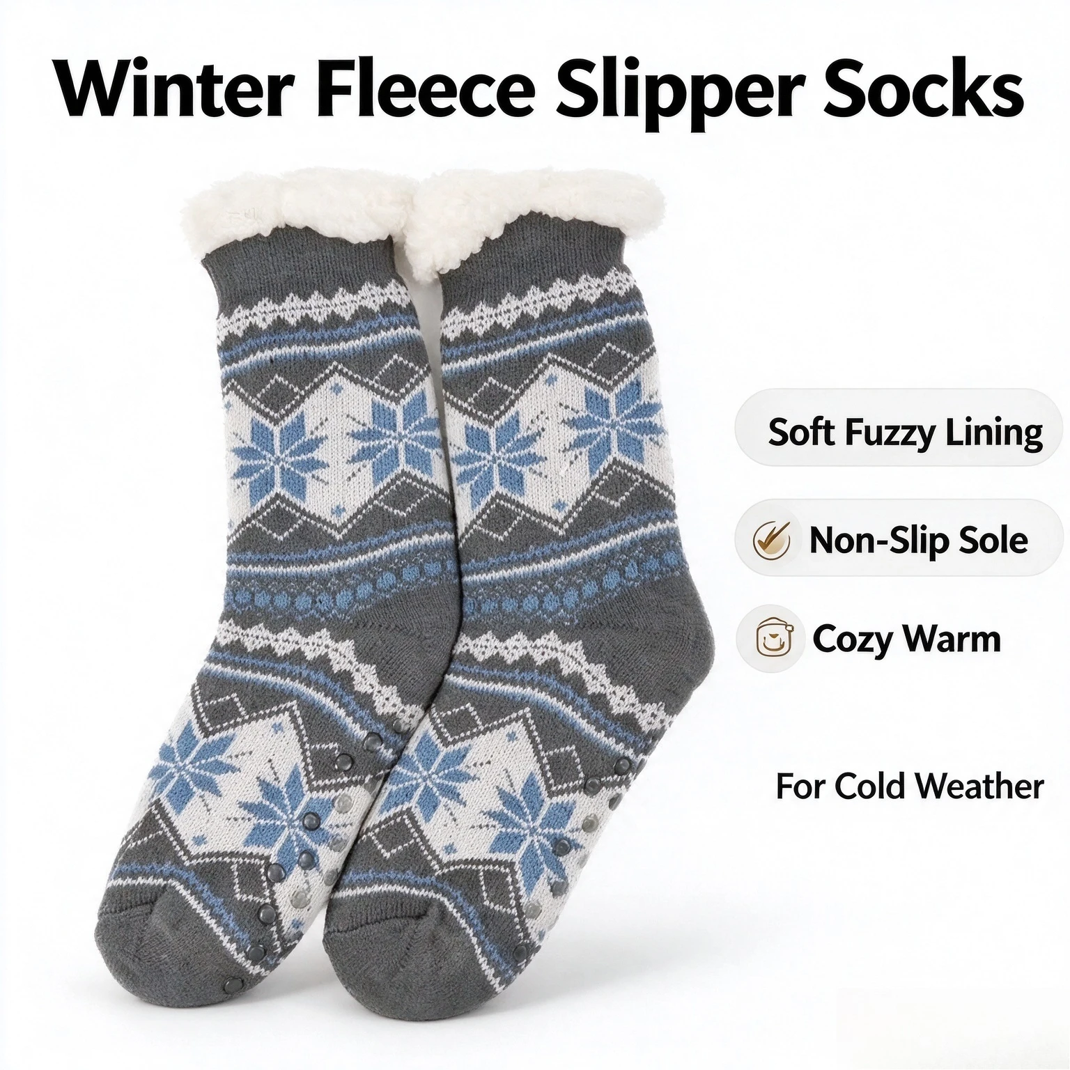 Men Floor Socks Winter Warm Fuzzy Sherpa Lined Anti Slip Grip Snowflake Nordic Soft Cozy Home Sleep Socks Thick Plush Bedroom