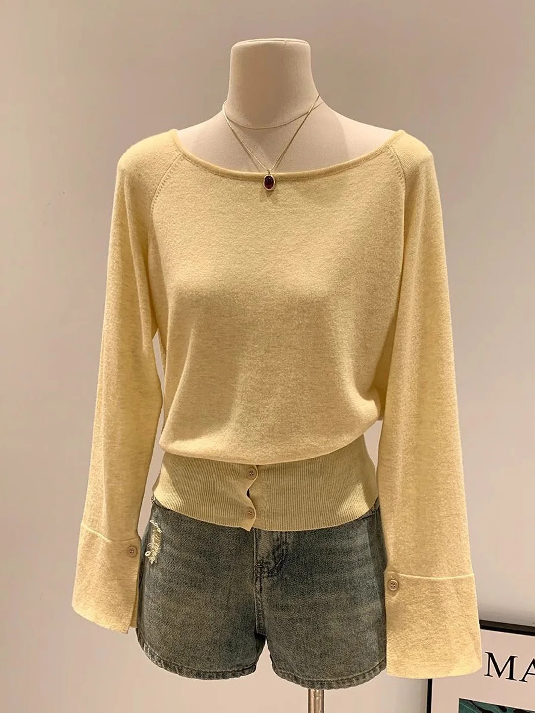 

Soft Yellow Pure Desire Slant oulder Knitted Sweater Women's Long Sve Button up Split oulder Sweater Autumn Winter Fas...