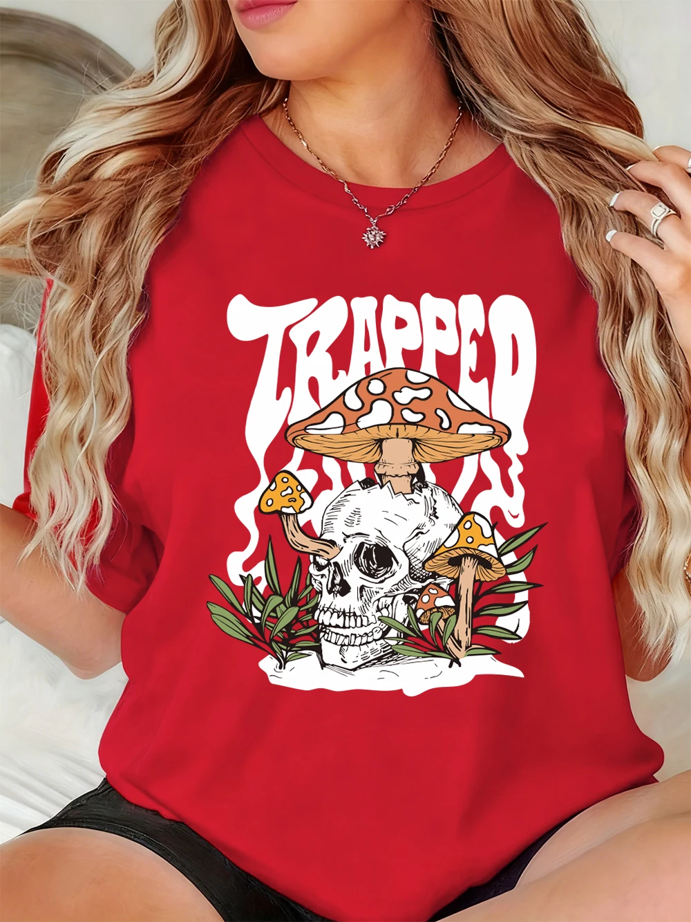 

Футболки с принтом грибов, выращенных внутри черепа, женские летние топы с круглым вырезом и короткими рукавами, свободные мягкие футболки, базовая женская одежда