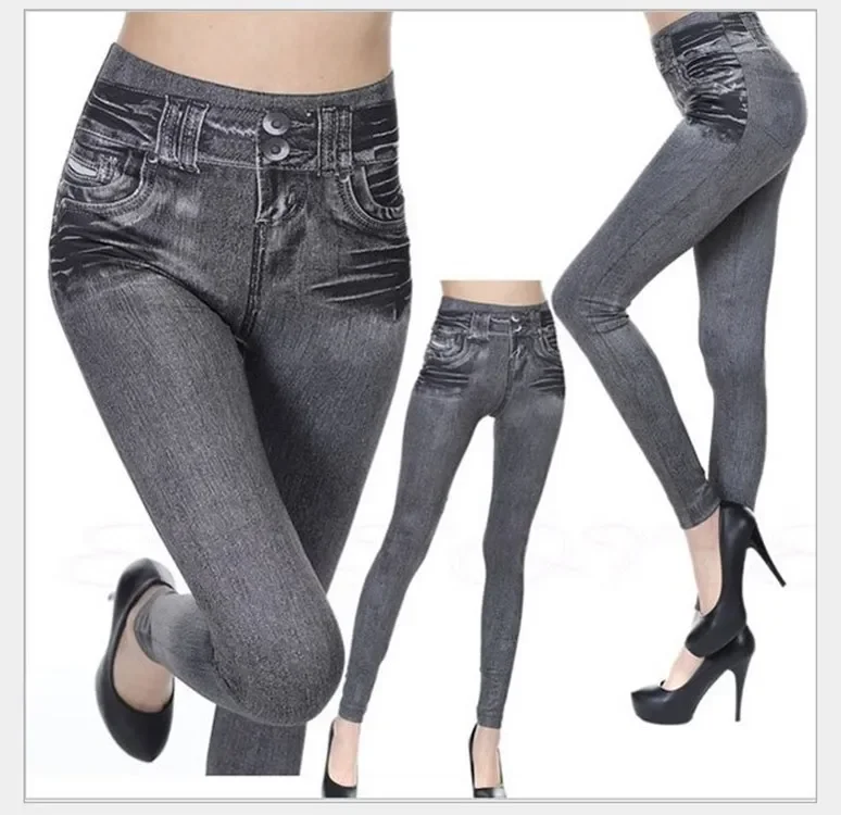 Legging en jean pour femmes, mode 2022, Faux Denim, Sexy, Long, poche imprimée, Legging d'été décontracté, pantalon noir Plus