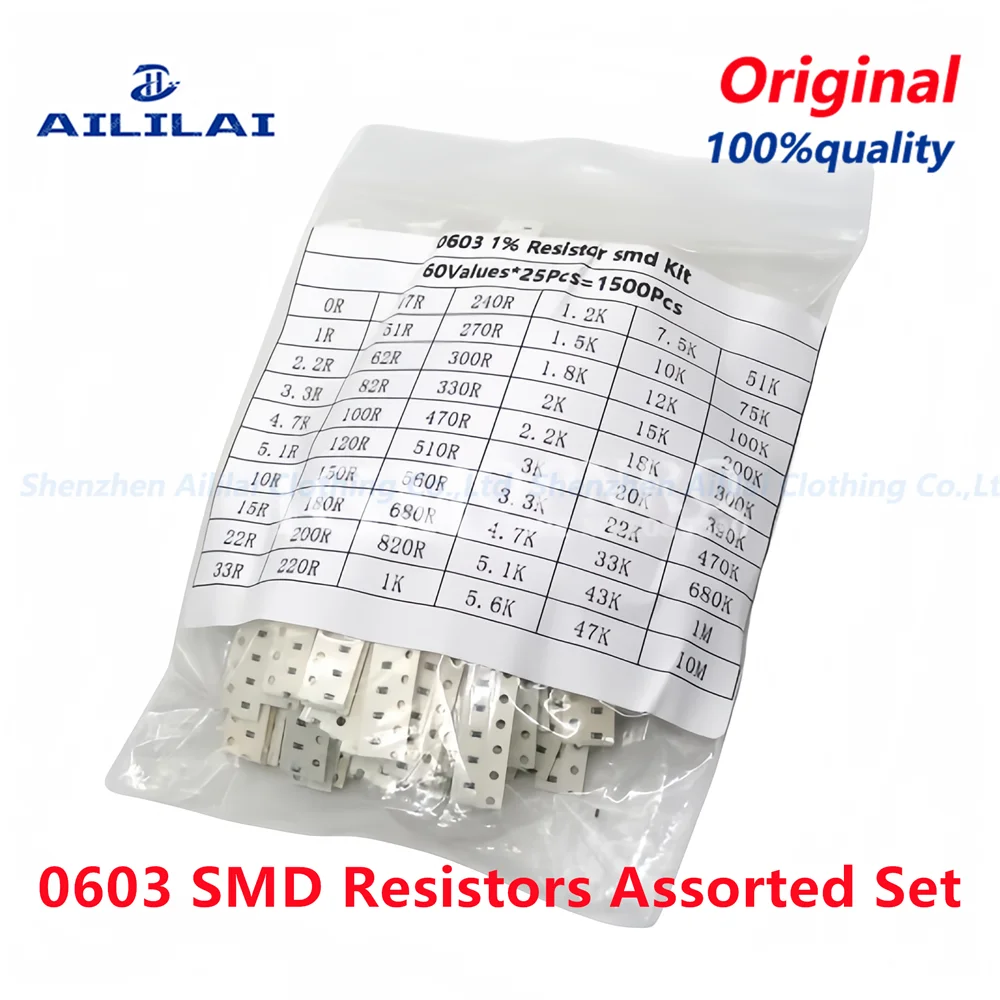 1500 Pcs SMD 0603 Resistors Assorted Set (60 Values x 25Pcs) 0ohm - 10M Ohm 1/10 Watt 1% High Precision Film Chip Resistance Kit