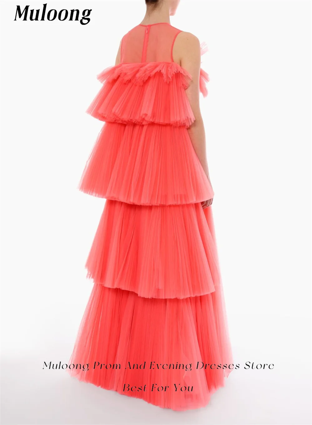 Muloong Bright Coral O Neck A Line Midi Dress Bow Pleated Tulle Overlay Floor Length Special Event Dress Tiered Evening Dress