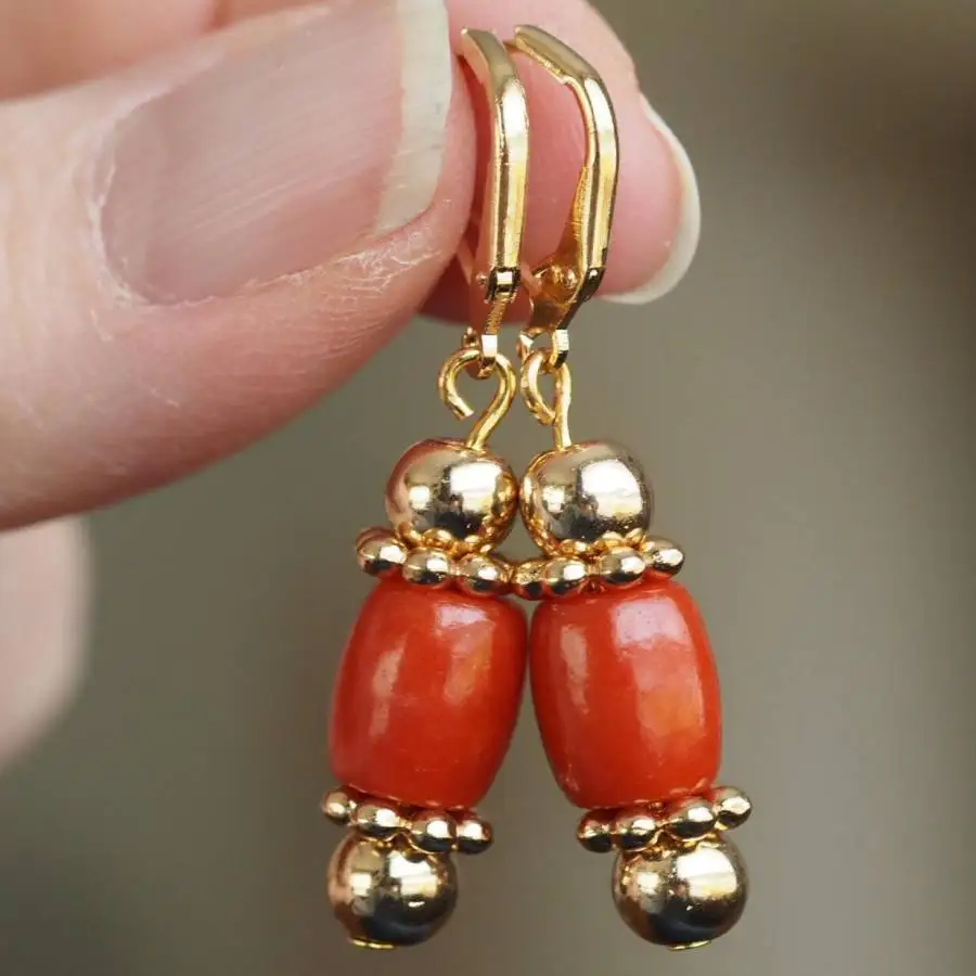 Handcrafted Natural red coral Earring 18K Eardrop Beads Jewelry Cute Eardrop Handmade Dangle Natural Day Beach Clip-on