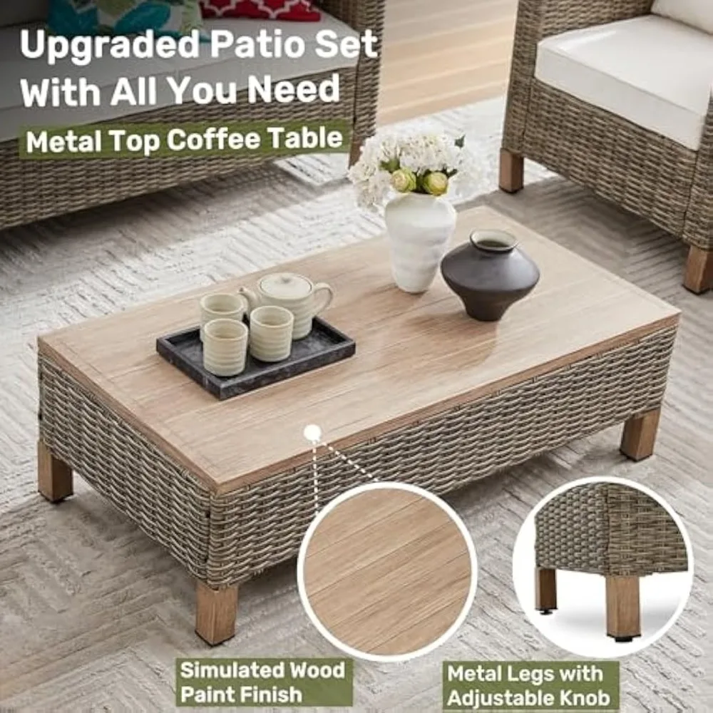 Handwoven Rattan Outdoor Coffee Table with Metal Surface, 43.3" Patio Conversation Set Table for Poolside Use