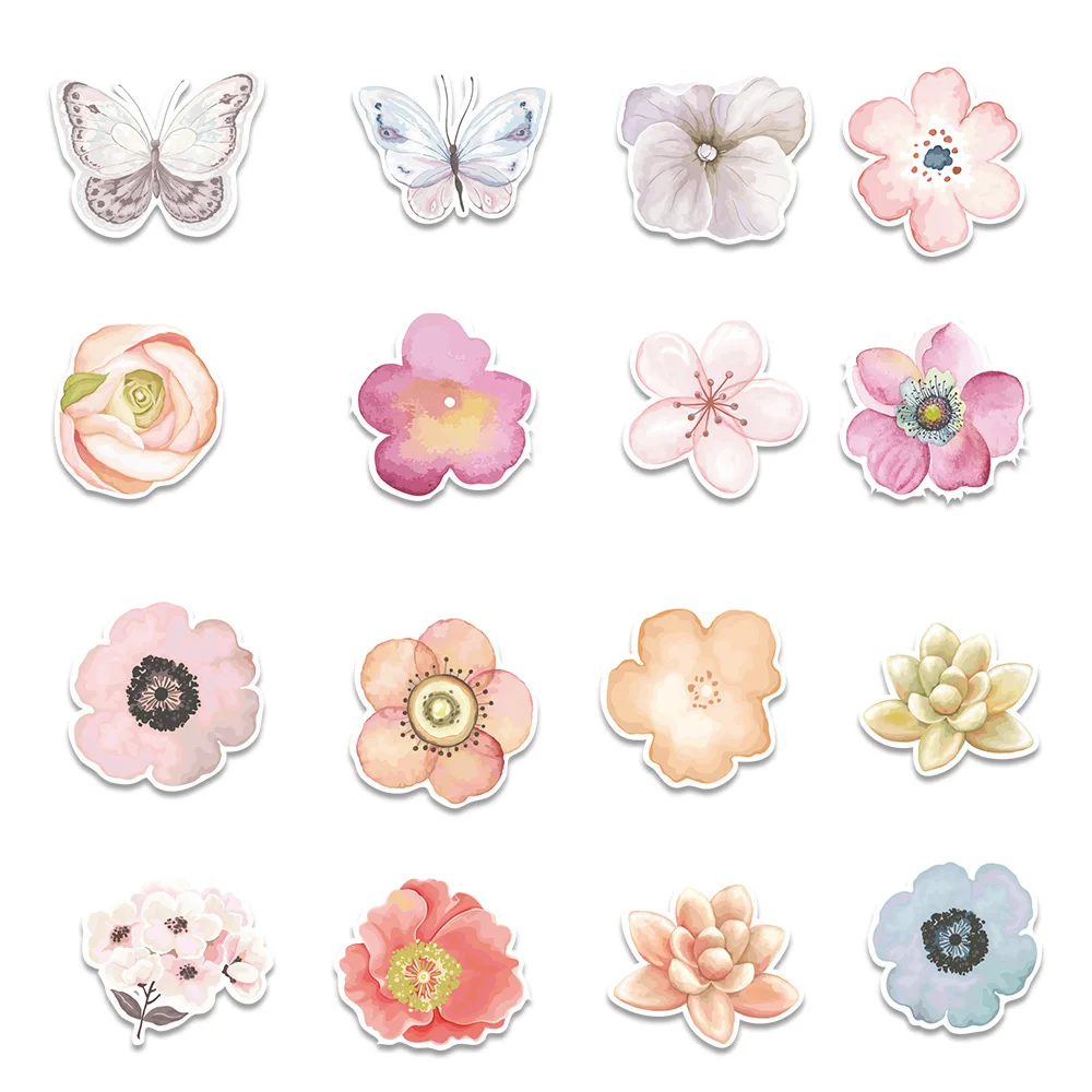 10/30/50pcs Fresh Style Watercolor Flowers Stickers Aesthetic Art Cartoon Decals Scrapbook Phone Luggage Graffiti Sticker Decor