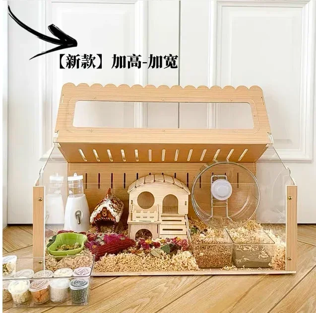 Natural Wood Hamster Cage Wooden Hamster Houses With Acrylic For Gerbil, Syrian Hamster, Chinchillas