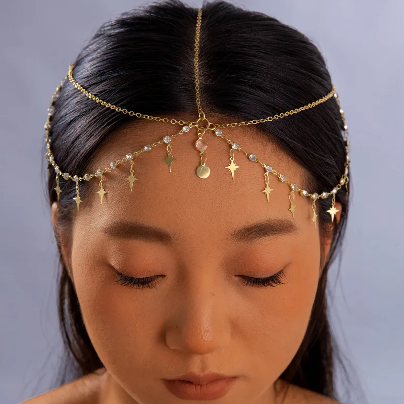 بوهيميا عقال قذيفة كريستال اكسسوارات للشعر سلسلة مجوهرات النساء المعادن رئيس سلسلة خوذة للحزب