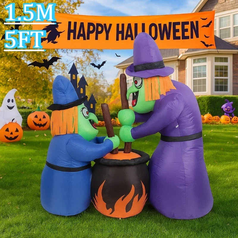 

5FT Inflatables Toys Halloween Decorations Tow Witches Party Outdoor Indoor Hall Garden Halloween Model Decor Built-in LEDs