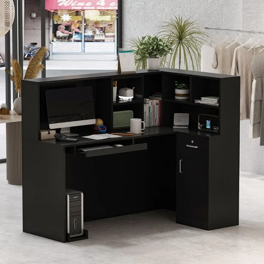 L-Shaped Reception Desk Counter Table with Lockable Drawers & Storage Shelves, Private Workstation for Salon Checkout Office