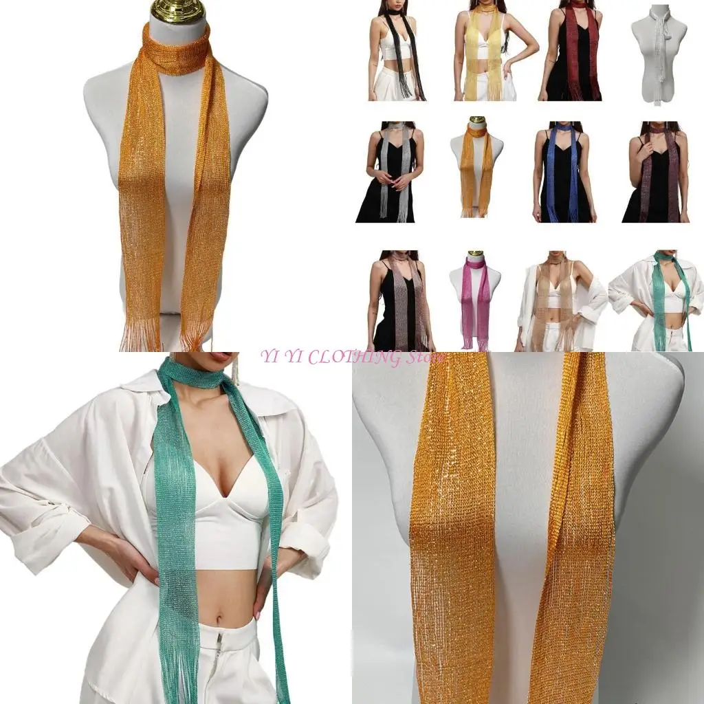 

N5KF Fashion Masquerades Sheer Scarf Wedding Party for Woman Neck Wrap Casual Collar with Shinning Tassels Female Scarf