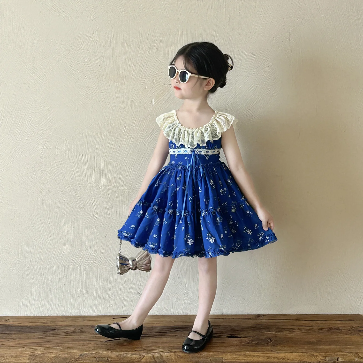 

Klein синее платье принцессы для девочек, модное кружевное летнее платье с цветочным принтом, детское платье с открытой спиной и цветочным принтом, детское платье на день рождения