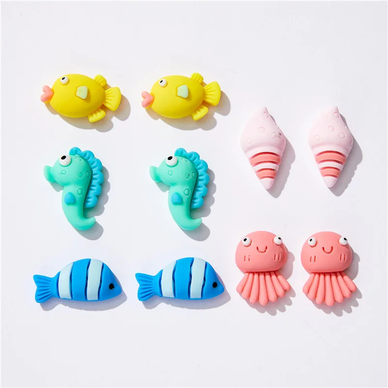 10pcs Fish Seahorse Octopus Conch Jellyfish Marine Animal Flat Back Cabochon DIY Jewelry Bow Accessory Decor Figurine