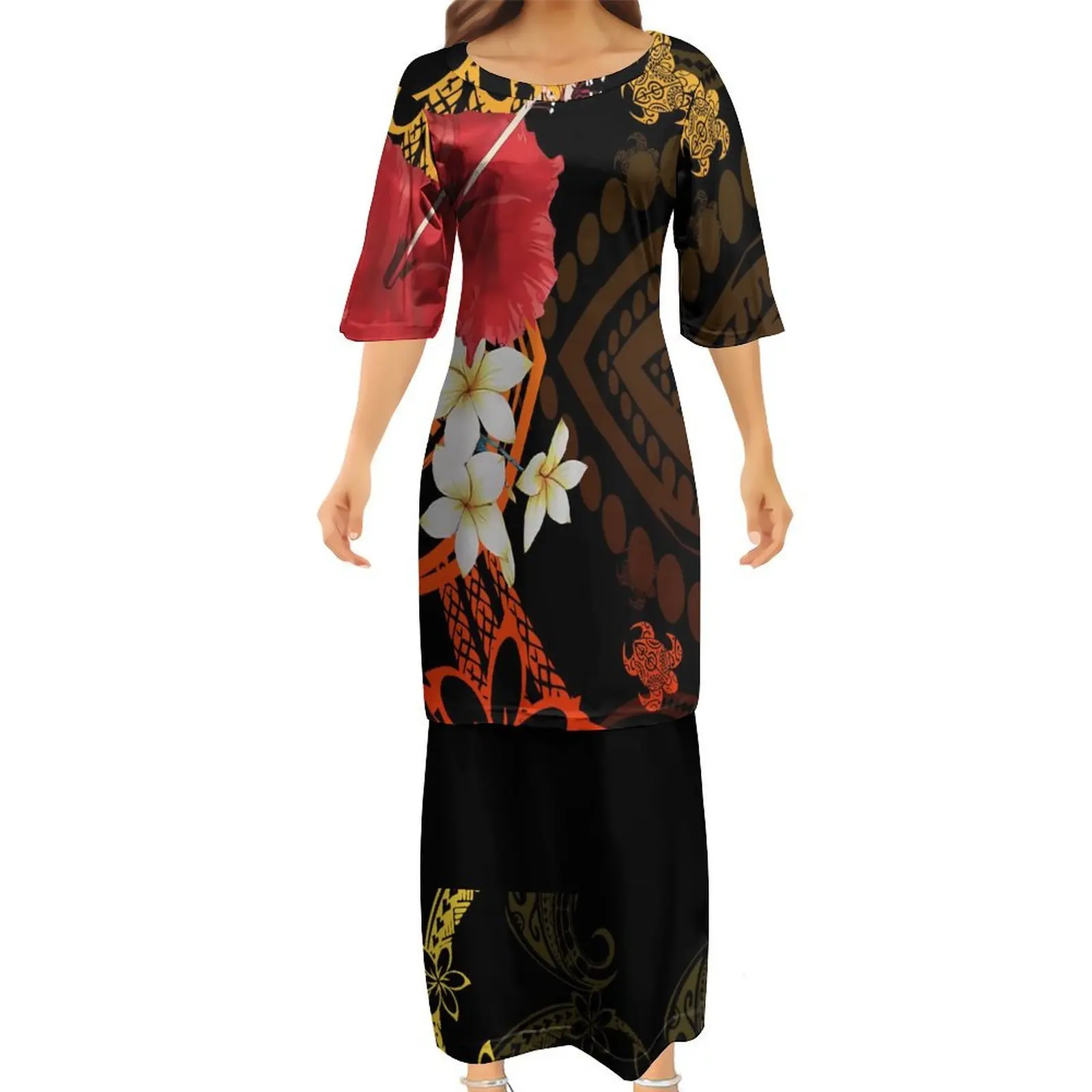 Round Neck Regular Sleeve Samoan Women's Double Suit Long Dress Print Custom Design Polynesian High Quality Dress Puletasi