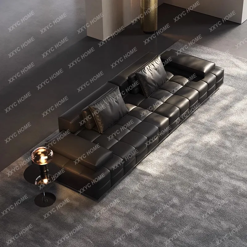 

Кожаный диван FF, минималистичный, для гостиной, в стиле лёгкой роскоши, чёрный, прямой, из натуральной кожи.