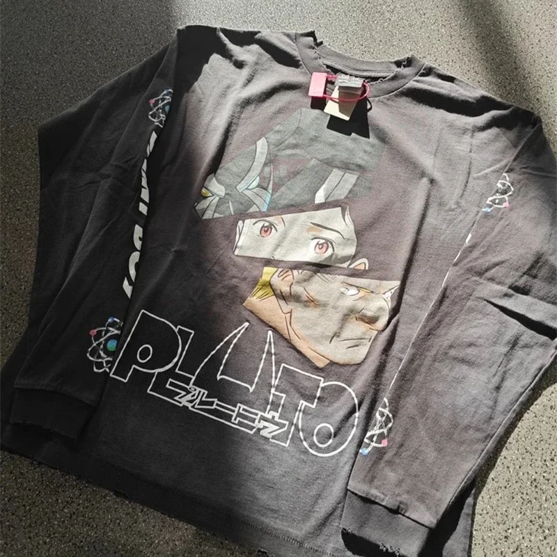 

25SS Pure Cotton Saint Michael Long Sleeved T Shirts Men Women 1:1 Washed Black Manga Character Print Hoodies