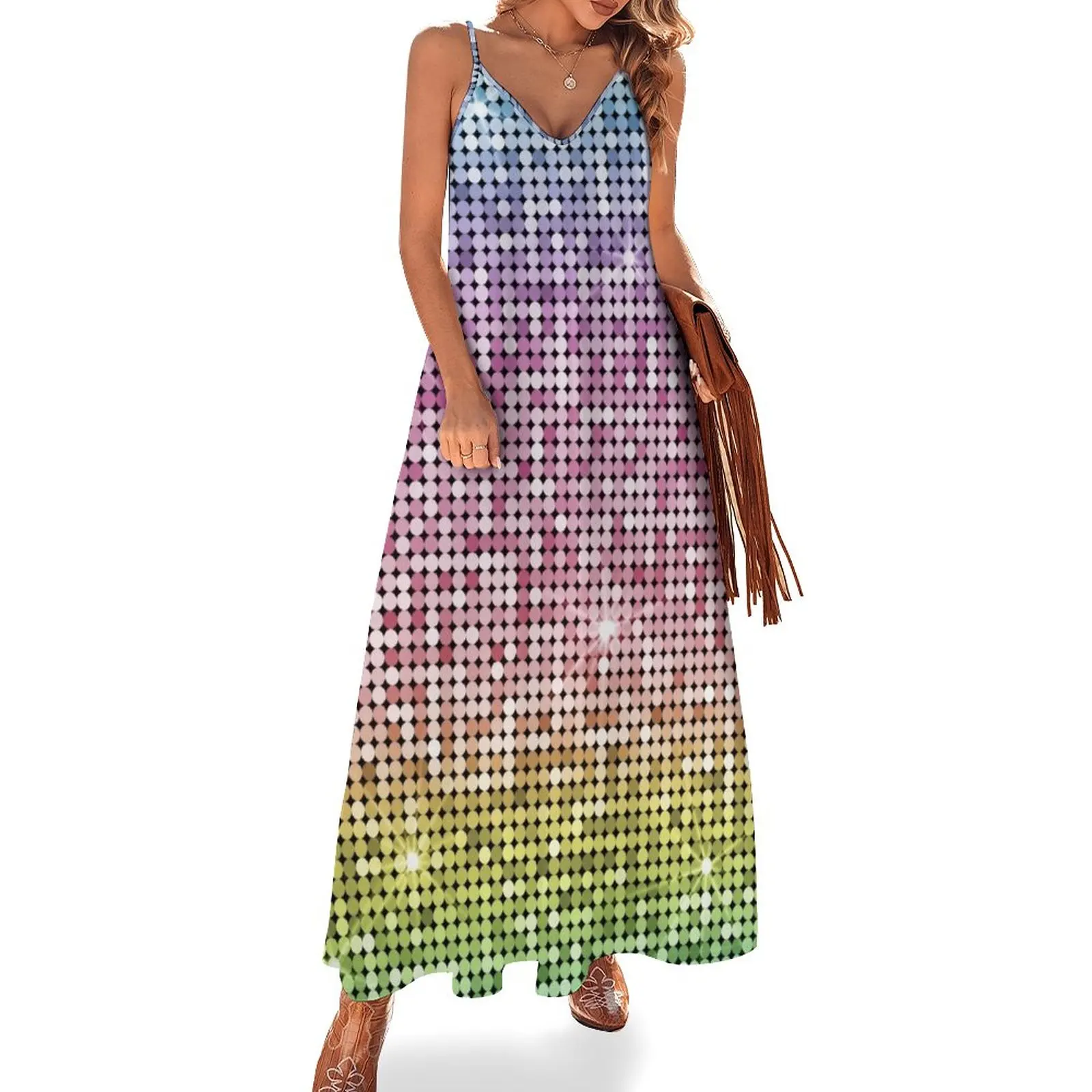 

Shiny Disco Ball Rainbow Sleeveless Dress Long dresses elegant and pretty women's dresses