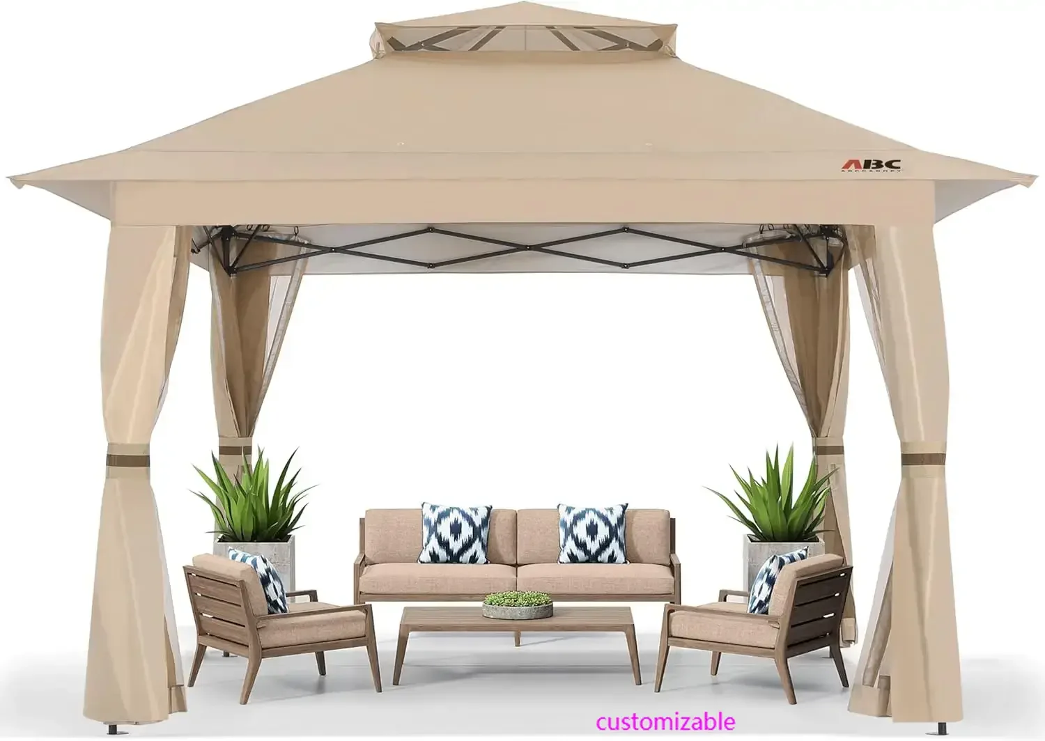 

Спливающая беседка 13x13, уличная палатка с навесом, мгновенное экранированное укрытие с москитной сеткой для патио, сада, заднего двора, вечеринки (хаки)
