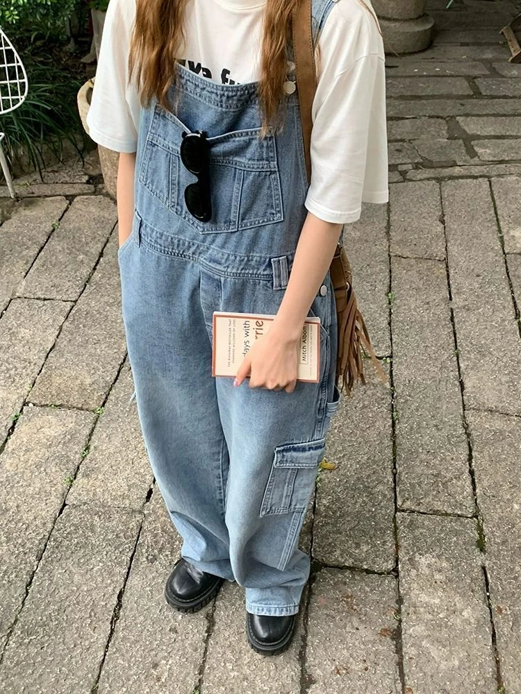 Women's Straight Classic Vintage Overalls Fashion Streetwear Sweet Girl Wide Leg Pants Female Baggy Rompers Denim Trouser