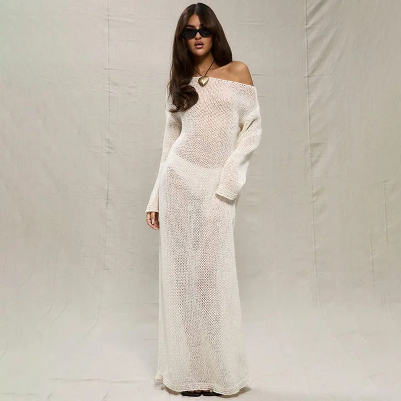 

White Long Thin Knitted Dress Elegant Formal Long Sleeve Off Shoulder Maxi Dress Women Summer 2024 Beach Dresses