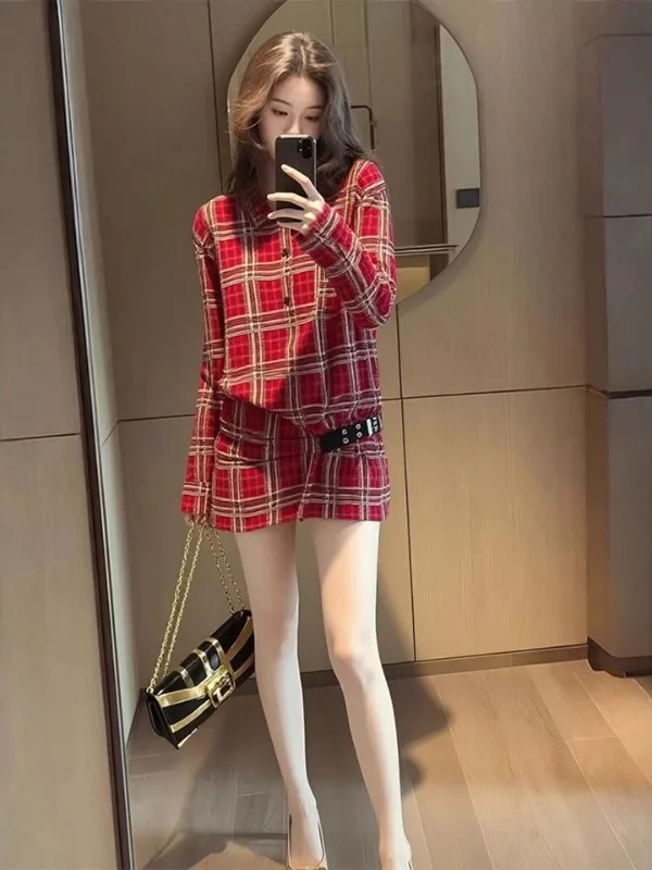 

Early Punk Rock Velvet Plaid Belted Shirt Dress High Waist Korean Style Long Sleeve Short Skirt round Neck Adult Women's Clot...