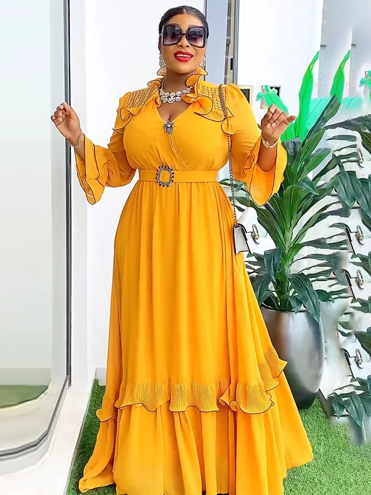 

2024 Autumn Chiffon Dresses For Women Wedding Party Evening Gowns Long Sleeve Dress African Dashiki Ruffle Robe Dubai Abayas