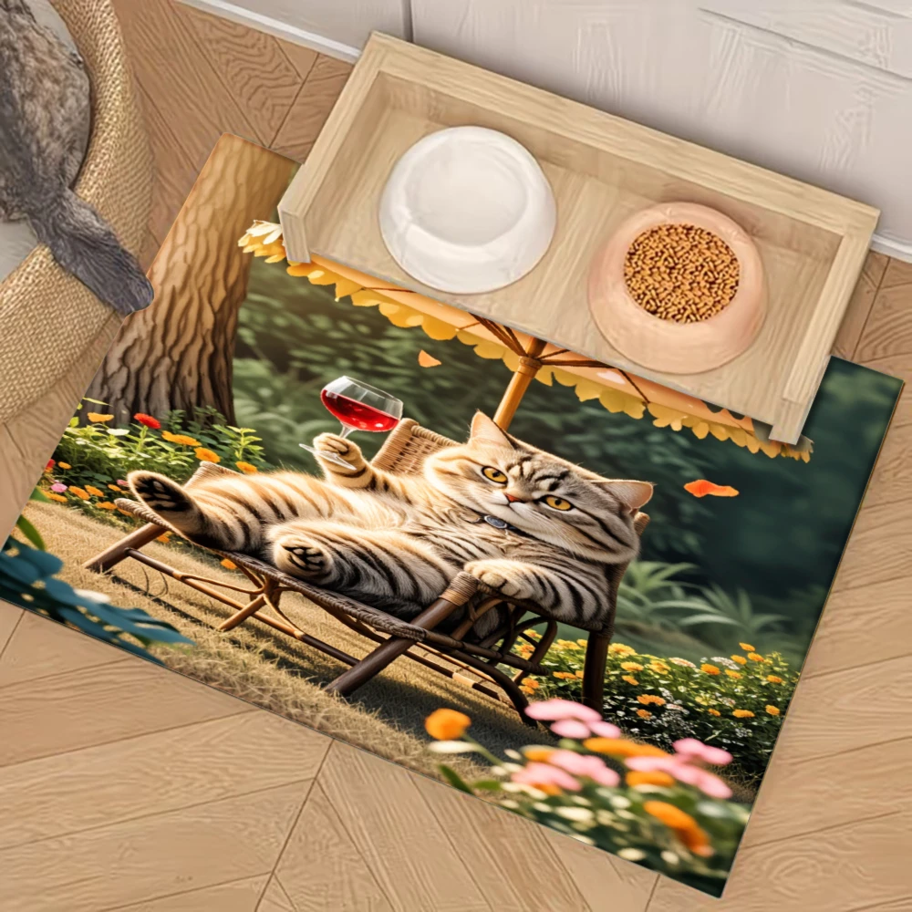 

Нескользящий коврик для кормления домашних животных с изображением кота, расслабляющегося в саду с вином, товары для животных, защита от брызг и скольжения, коврики для кошек и собак