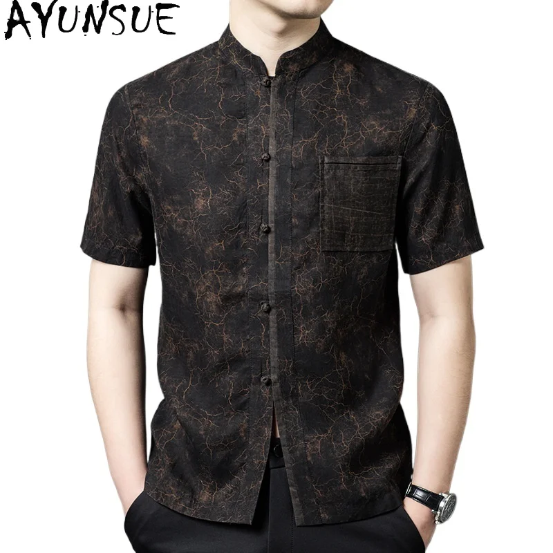 

Мужская рубашка AYUNSUE из натурального шелка, летняя коллекция 2026, с коротким рукавом, 100% шелк тутового шелкопряда, повседневная рубашка с воротником-стойкой