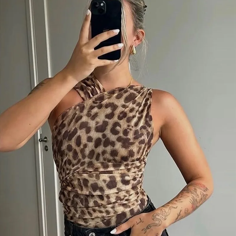 2024 Summer Autumn Mesh Leopard Printed Slim Pleated Bodysuits Women Backless Sleeveless Asymmetric Rompers Hipster Streetwear