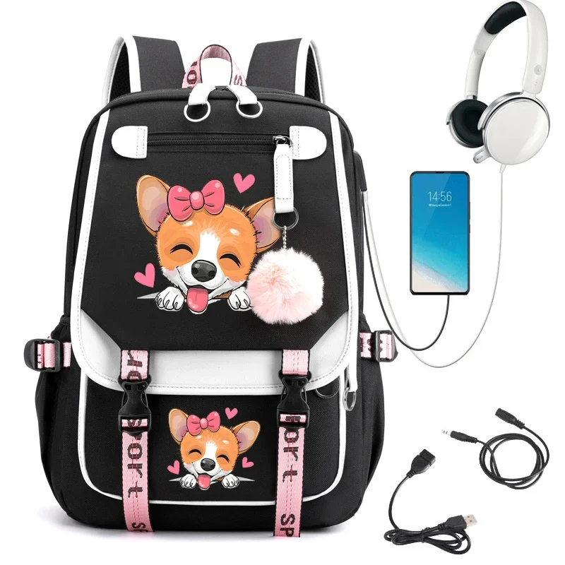 

Girl Backpack School Bag Back Pack Pink Black Kid Child Teenage School Bag Cartoon Dog Corgi Print Teens Backpack Usb Bookbag