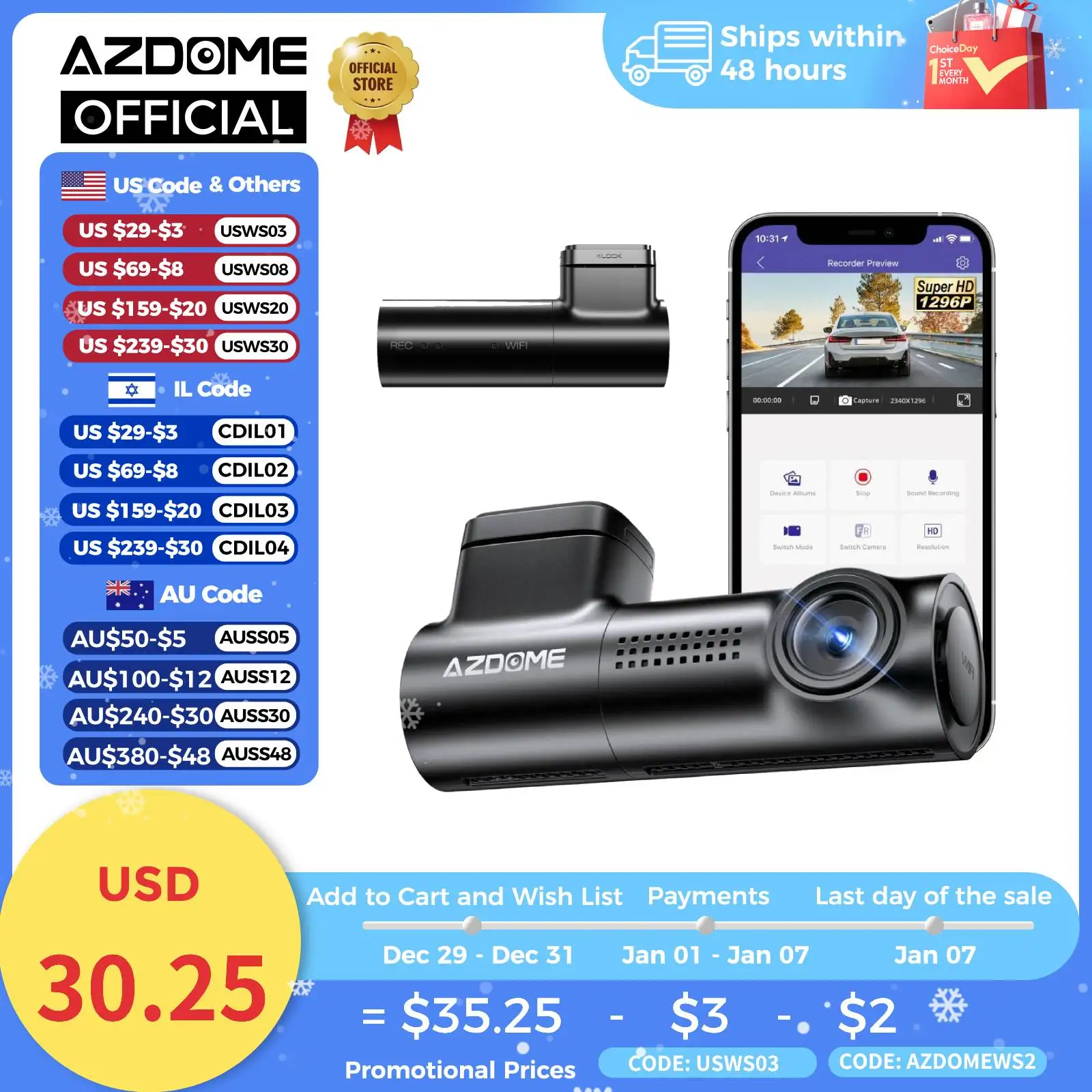 AZDOME Dash Cam M300 1296P WDR Car DVR 150° FOV WIFI & App Control Dash Camera Recorder Super Capacitor 24H Parking Monitor