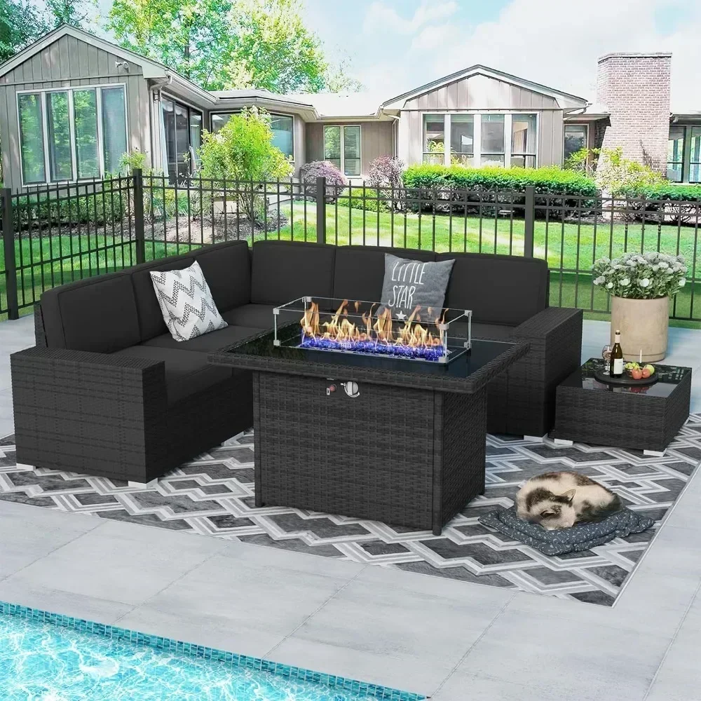 

Outdoor Patio Furniture 7 Piec Set with Fire Pit Table, Rattan Sectional Conversation Sofa Set with Coffee Table