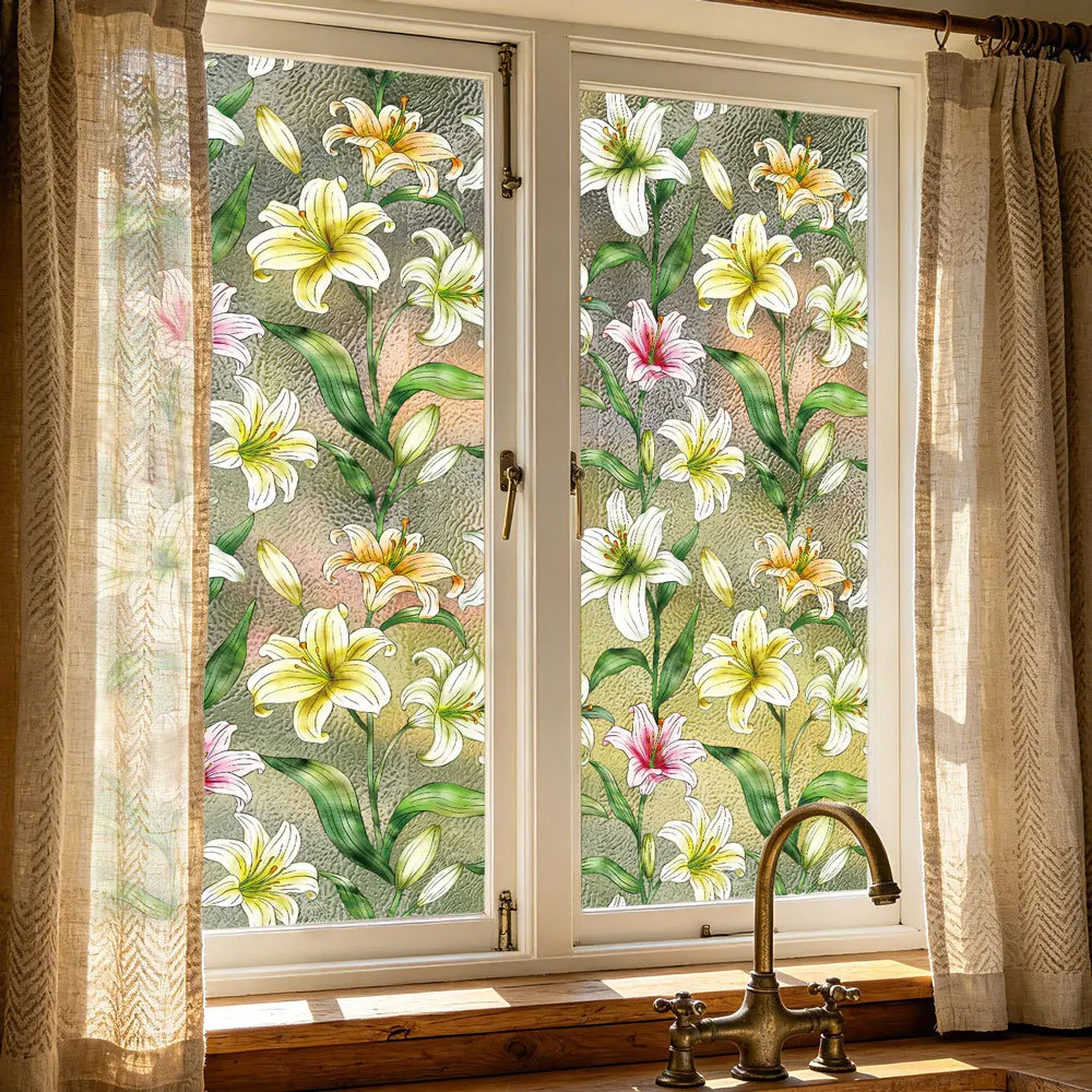 1PC Water Ripple Double-side Window Film Static Cling Stained Glass Stickers Flowers Printed Home Window Decor