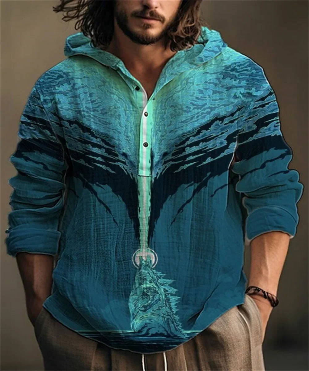 Halloween Hoodie Bamboo Linen Half Placket 3 Button Printed Hooded Shirt Casual Long Sleeve Shirt Men's Sweatshirt