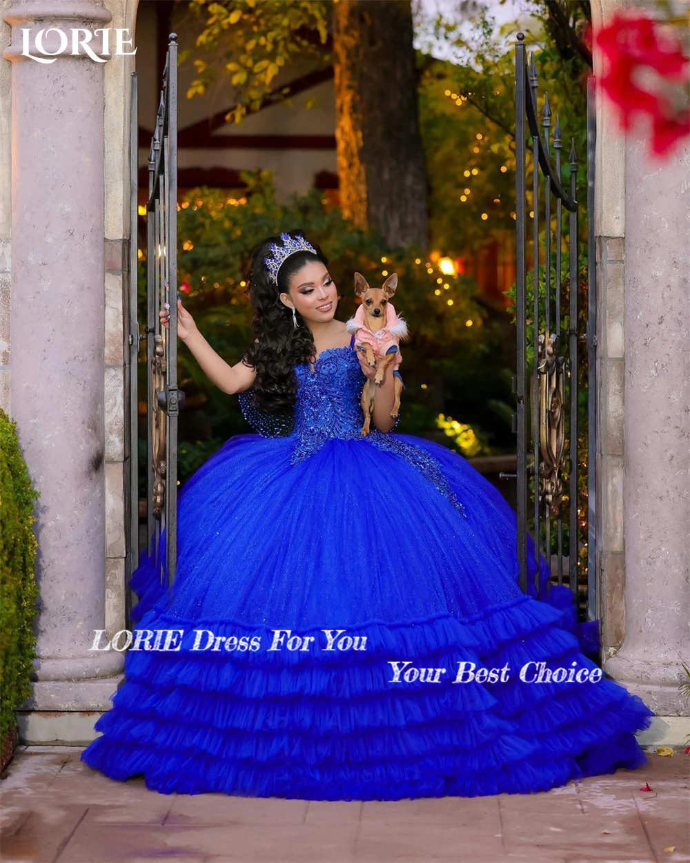 LORIE Royal Blue Glitter Formal Prom Dresses Off Shoulder Lace Beading Tiered Ruffles Evening Dress Backless Wedding Party Gowns