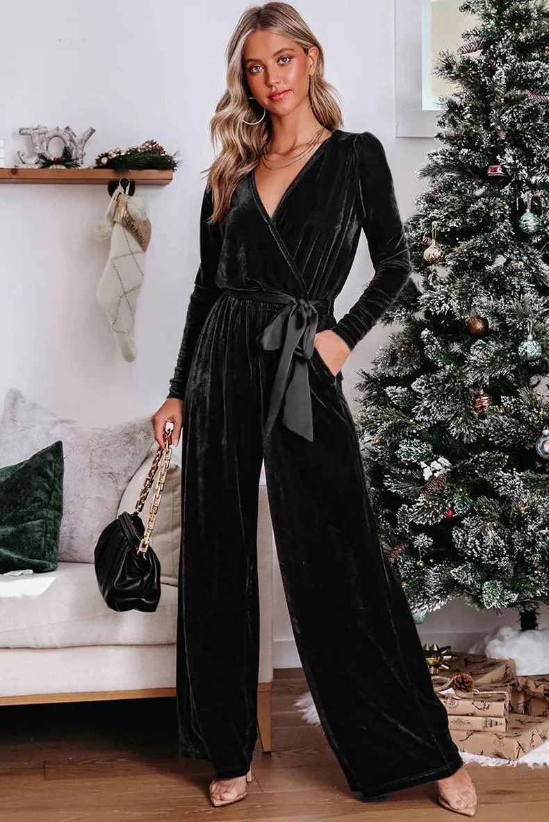 Women's Spring and Autumn New Fashion Slim-fit Romper V-neck Long Sleeve Lace-up Elegant Straight-leg Long Pants Jumpsuit Y2k