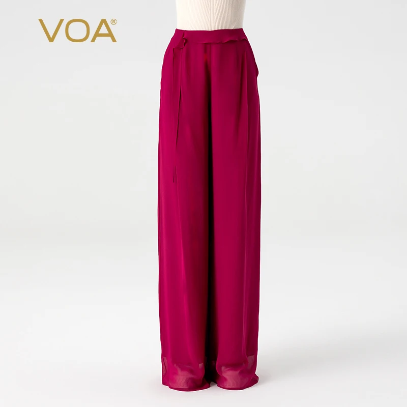 100% Real Mulberry Silk Double Layer Georgette Wine Red Natural Waist Trousers Asymmetrical Loose Wide Leg Pants New KE853