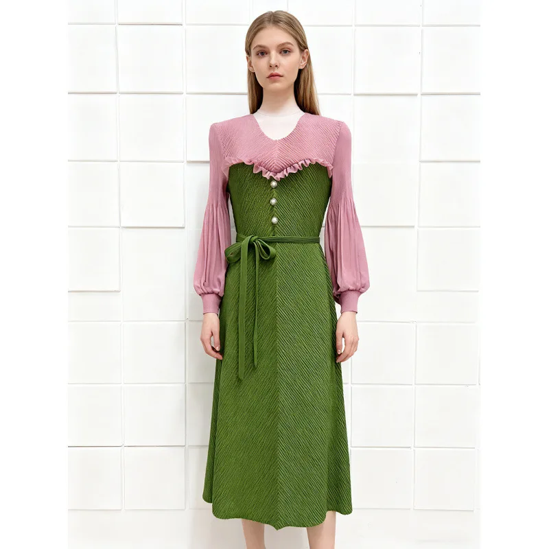 Cintura alta plissada metal bule feminino dr floral impressão a linha saia longa sve cintura alta plissada dr com gravata borboleta