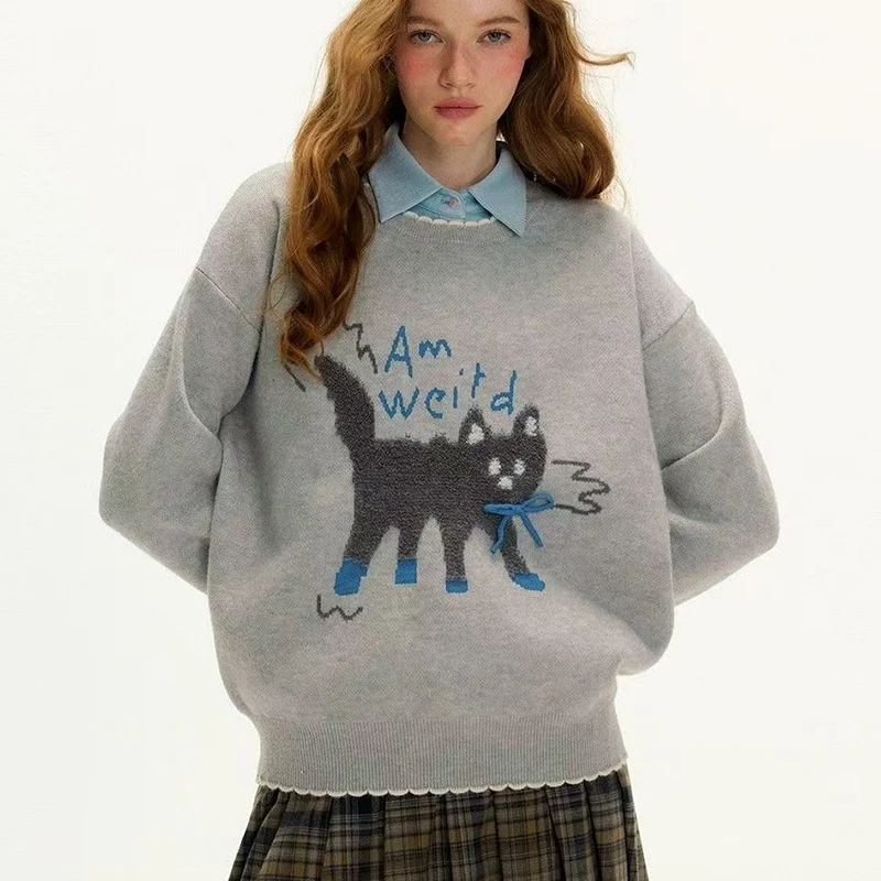 Chique gatinho gato engraçado personalizado jacquard camisola jumper inverno topos coreano pulôver doce preppy estudantes meninas streetwear