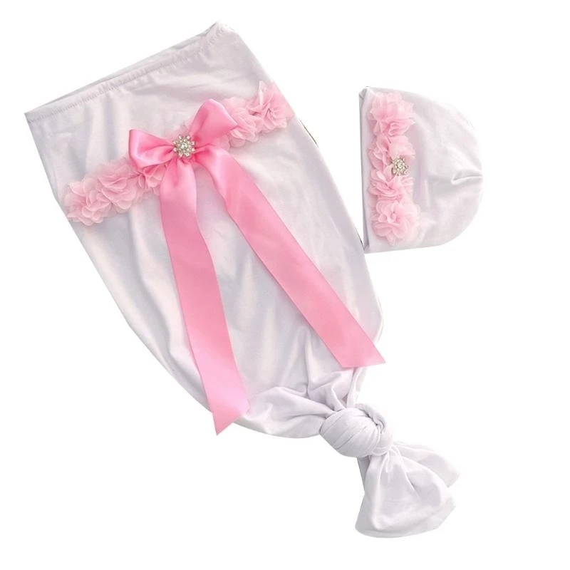 

J15U 0-2M Baby Girl Boys Photo Sleeping Bag Flower Turban Hat Photoshooting Outfit