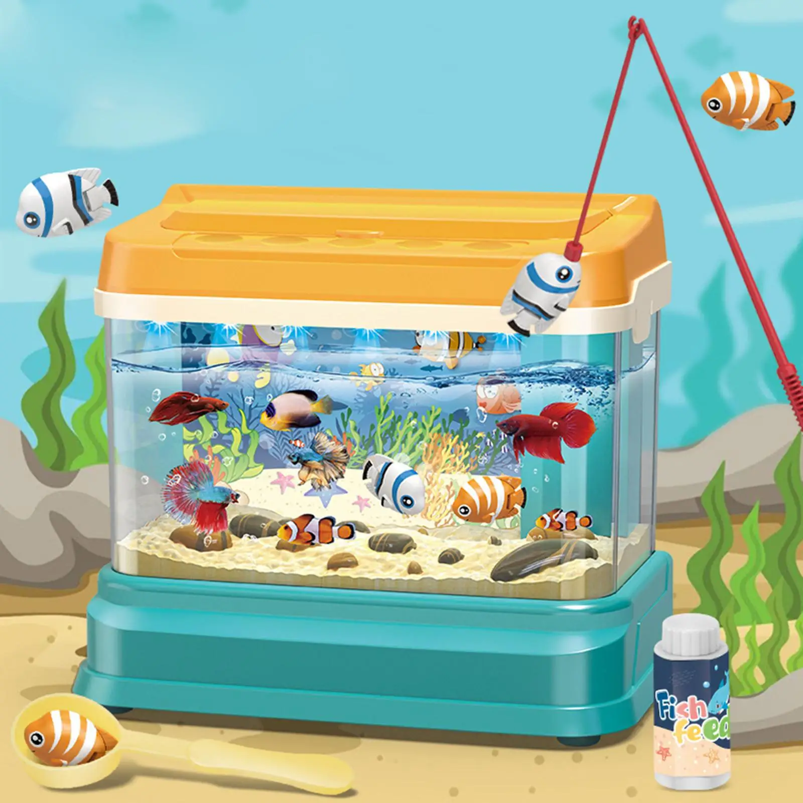 Artificial Fish Tank with Moving Fish with USB light Motor Skill Training Small Aquarium for Toddlers Kids Children