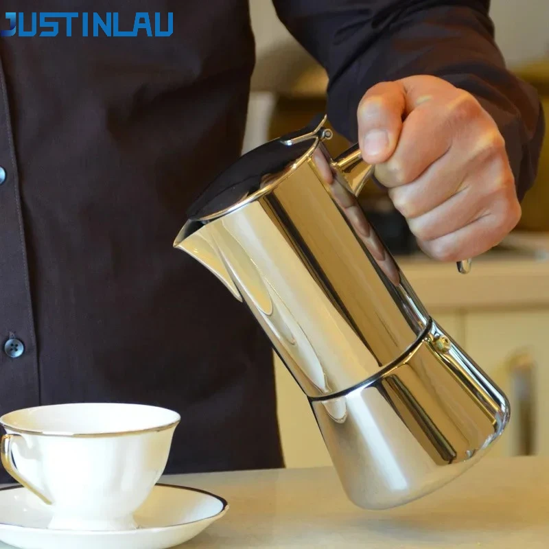 JUSTINLAU Moka Pots 200ml/300ml Coffee Pot 304 Stainless Steel Kitchen Coffee Bar Percolator Drink Kettle Camping Coffee Utensil