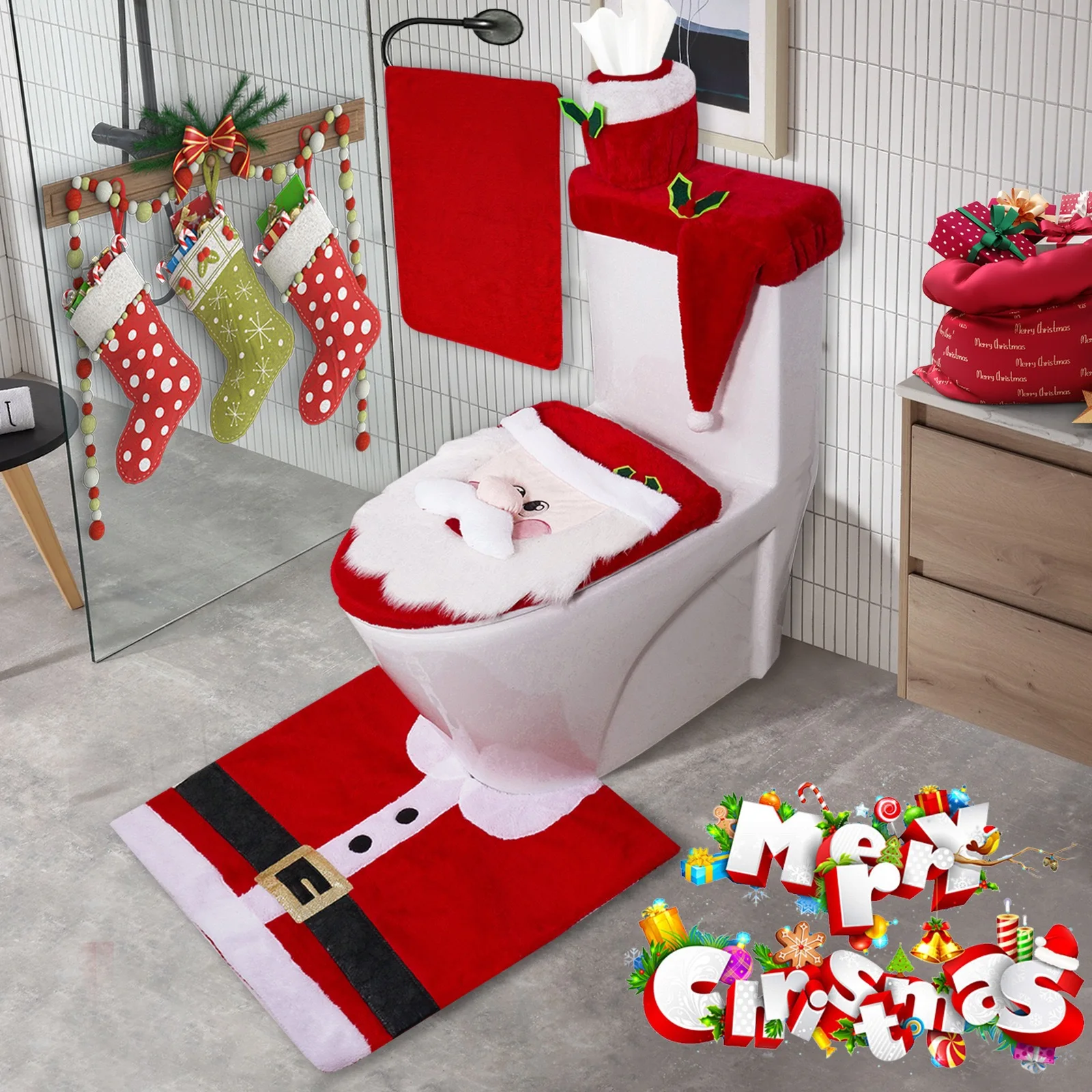 

5 Pieces Christmas Theme Bathroom Decoration Set Toilet Seat Cover Red New Year Xmas Carpet Home Bathroom Decoration