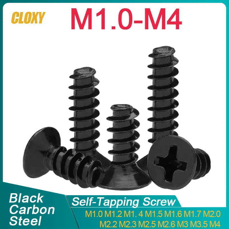 50- 500pcst M1 M1.2 M2 M2.3 M2.6 M3 M4 Black Carbon Steel Mini Screw Cross Recessed Countersunk Head Self-tapping Screw