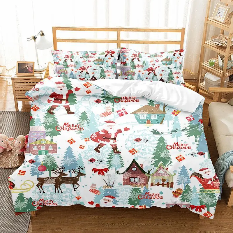 

Printed Duvet Covet Set For Merry Christmas 3D Christmas Tree,Snowflakes,Santa Claus Double Bed Comforter Cover + Pillowcases