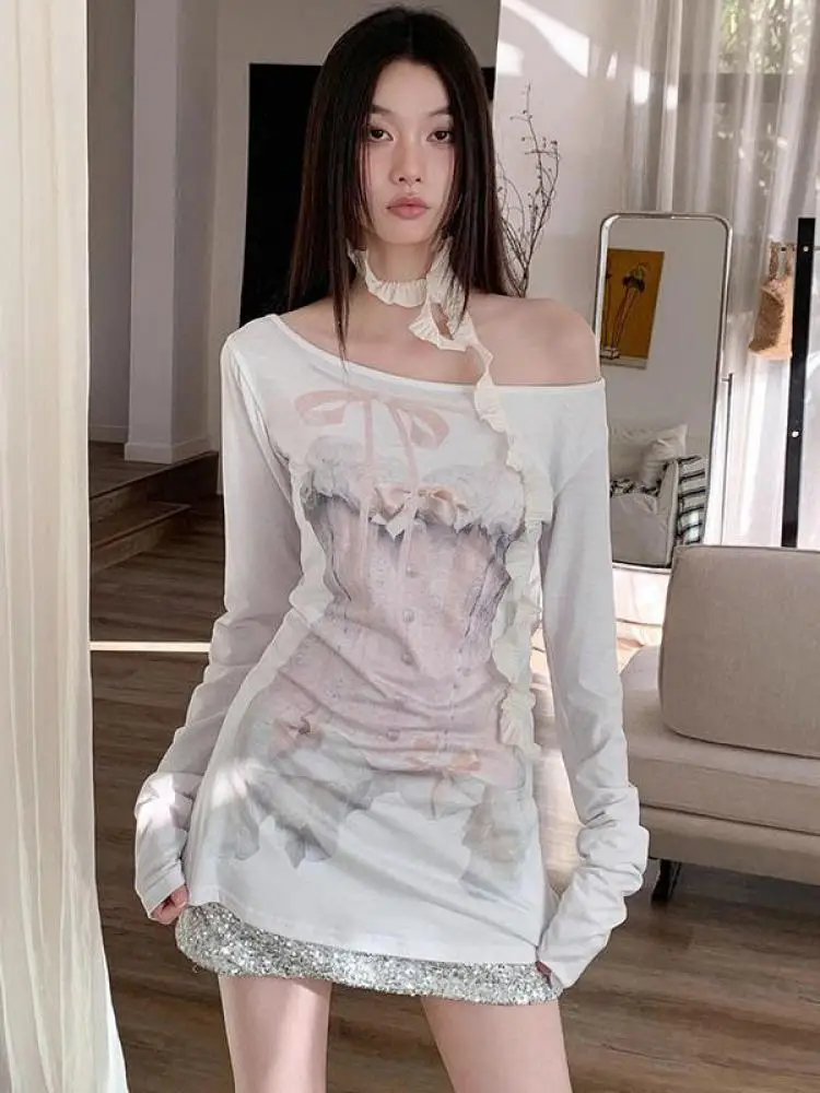 Yedinas Fairycore Graphic T Shirts Long Sleeve Korean Fashion Thin Soft Women T-shirt Tees Female Autumn Tops 2000s Clothes Y2k